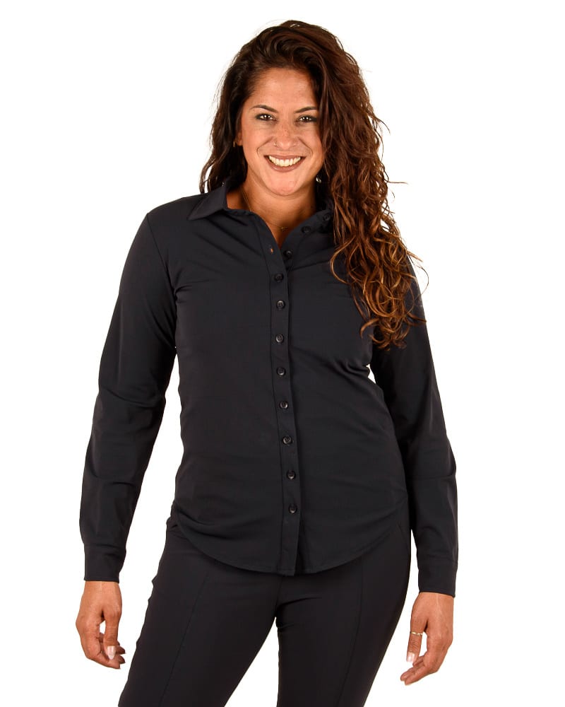 Donkerblauwe  travelstof blouse van Mi Piace - Afbeelding 4