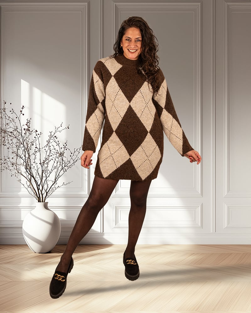 Bruin/beige ruitprint tuniek van Laetitia Mem - Afbeelding 2