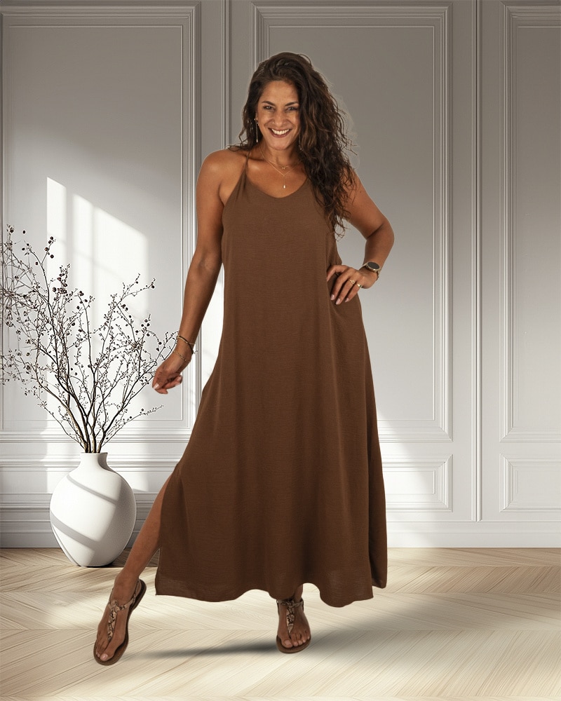 Donkerbruine lange jurk van Promise Fashion - Afbeelding 2