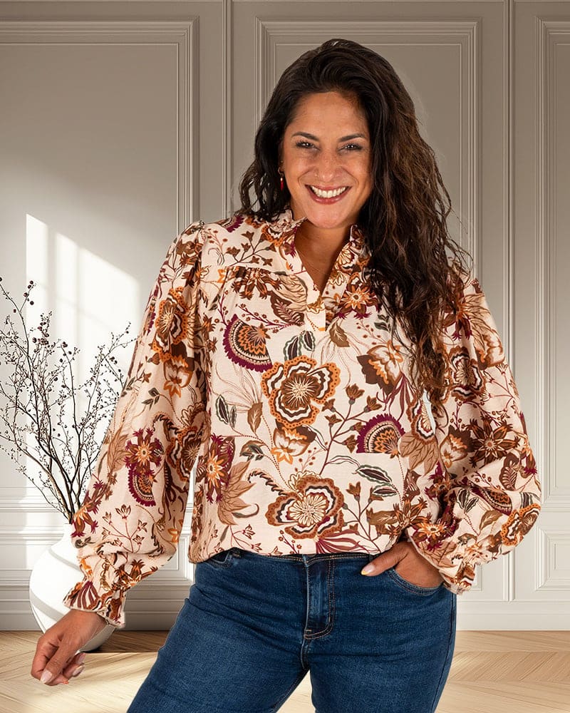 Beige blouse met bruine bloemen Vera Jo