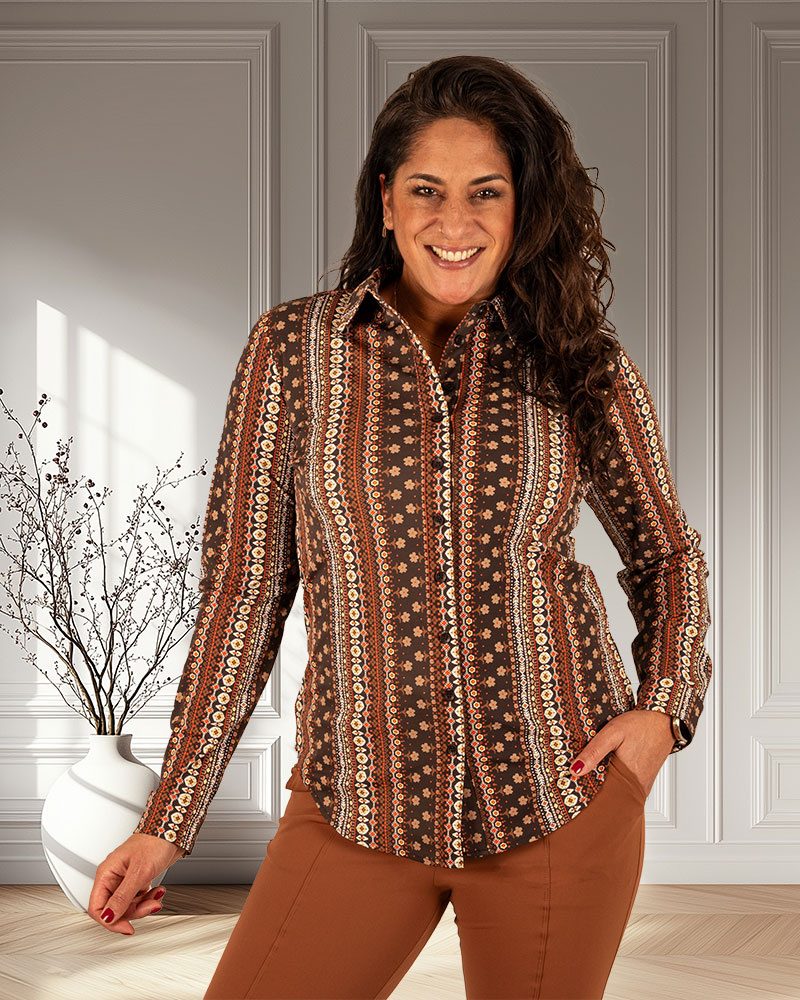 Espresso boho print travelstof blouse van Mi Piace