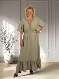 Legergroene lange jurk pofmouw van New Collection