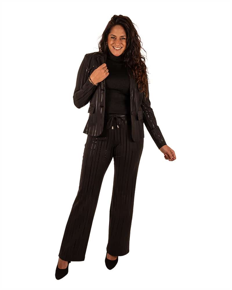 Zwarte travelstof pantalon met met glanzende print van Mi Piace - Afbeelding 2