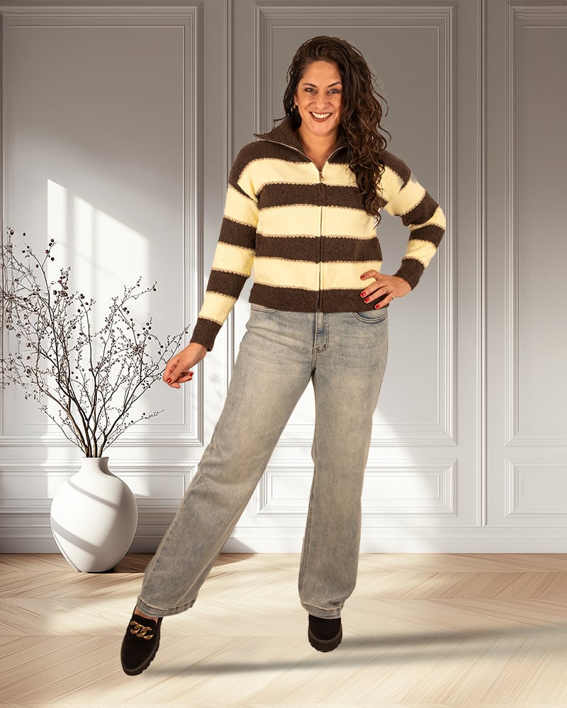 Bruin/geel  gestreept vest van Flamant Rose - Afbeelding 2