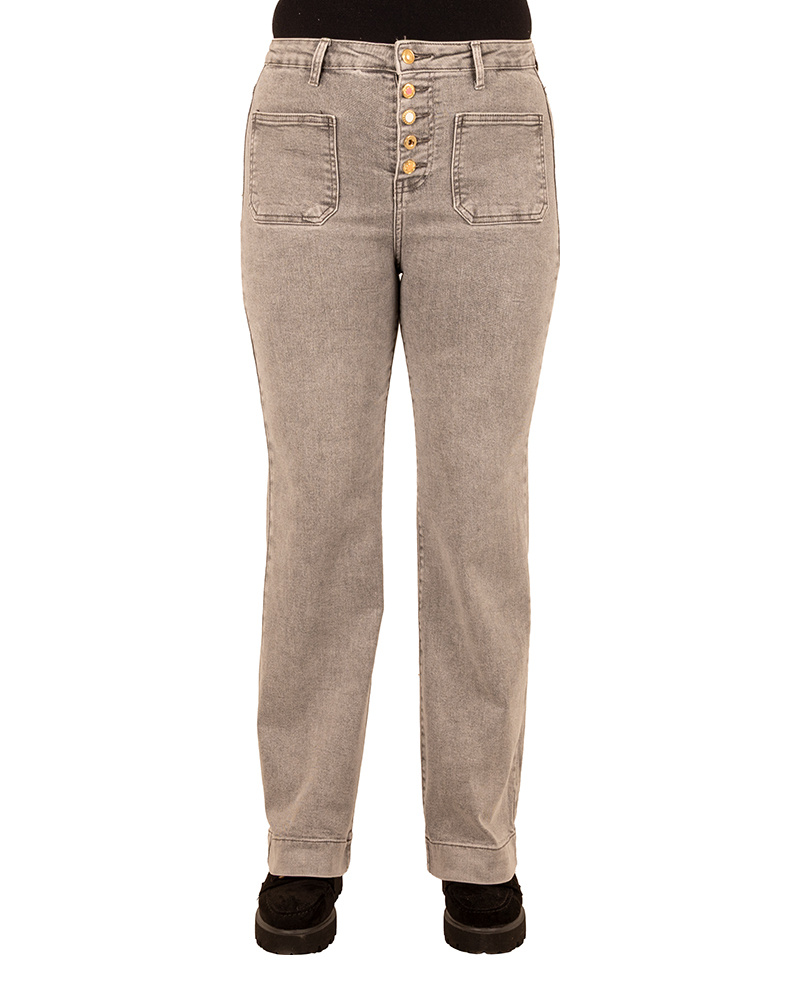 Light grey wide leg jeans met knopen van Miss Bon - Afbeelding 5