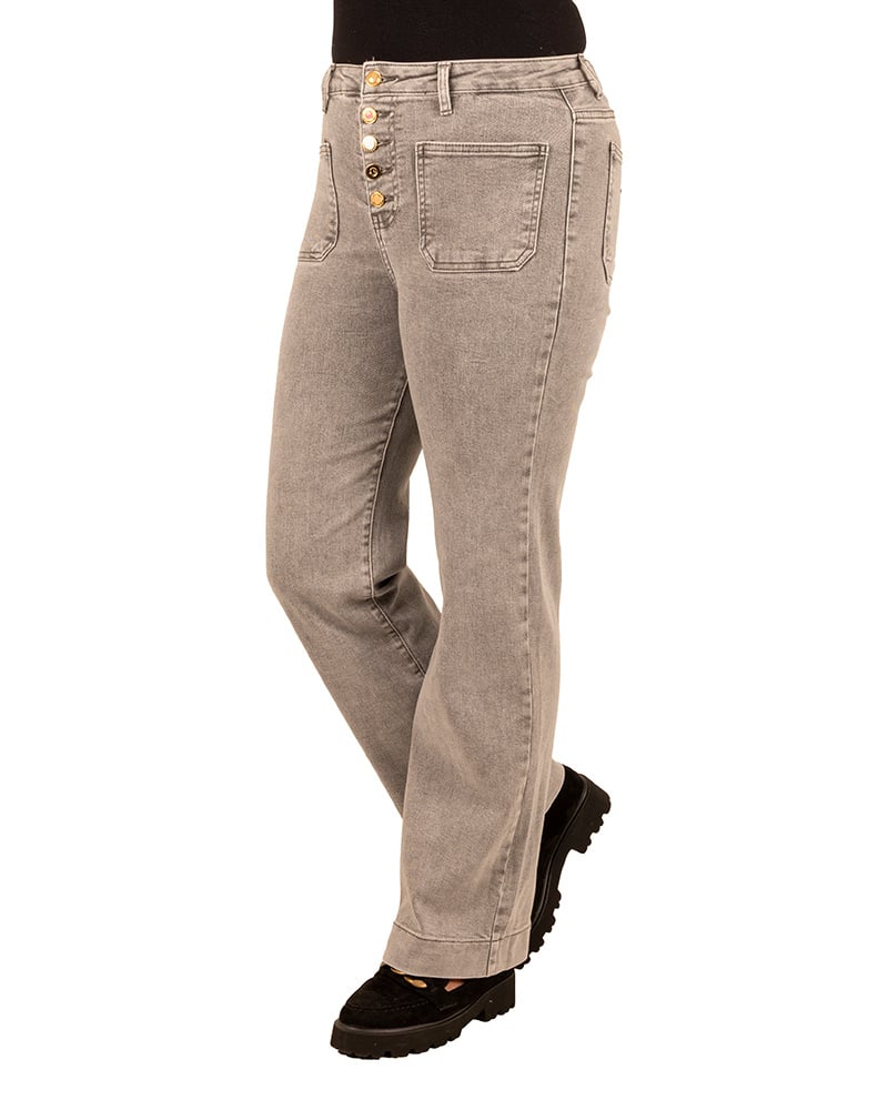 Light grey wide leg jeans met knopen van Miss Bon - Afbeelding 2