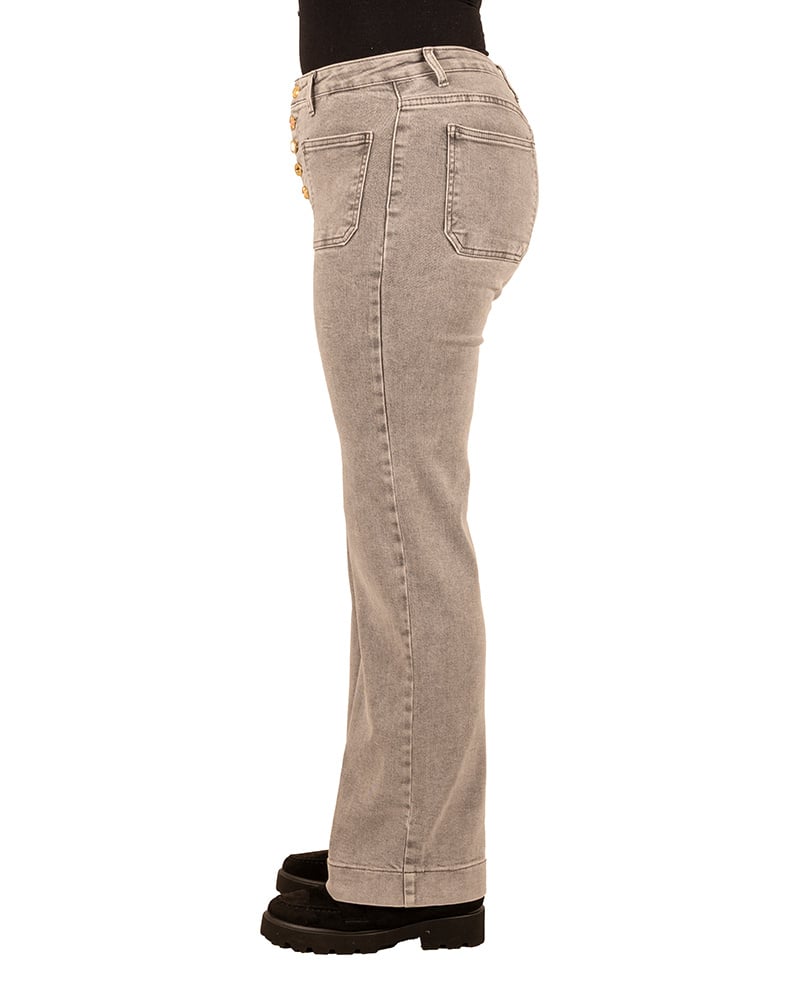 Light grey wide leg jeans met knopen van Miss Bon - Afbeelding 3