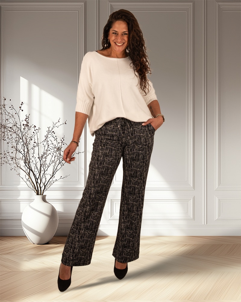 Black/kit linen print travelstof pantalon met rechte pijp van Mi Piace