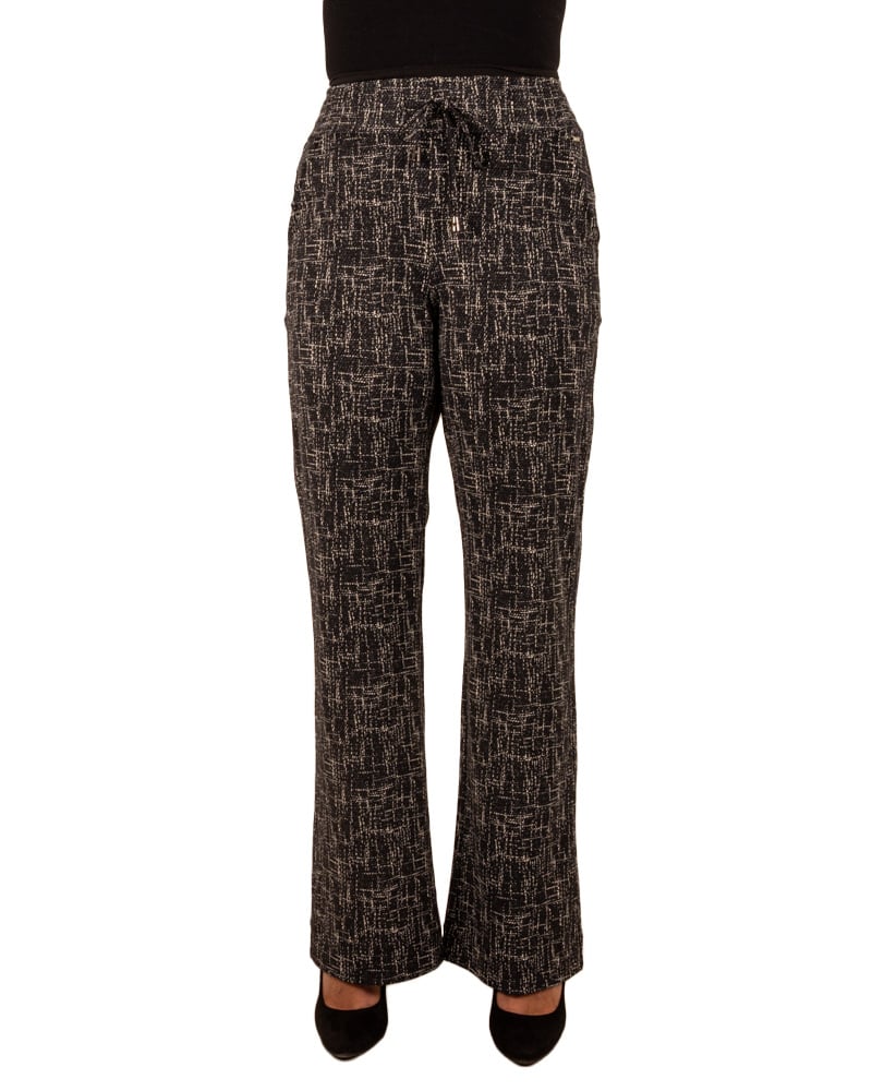 Black/kit linen print travelstof pantalon met rechte pijp van Mi Piace - Afbeelding 4