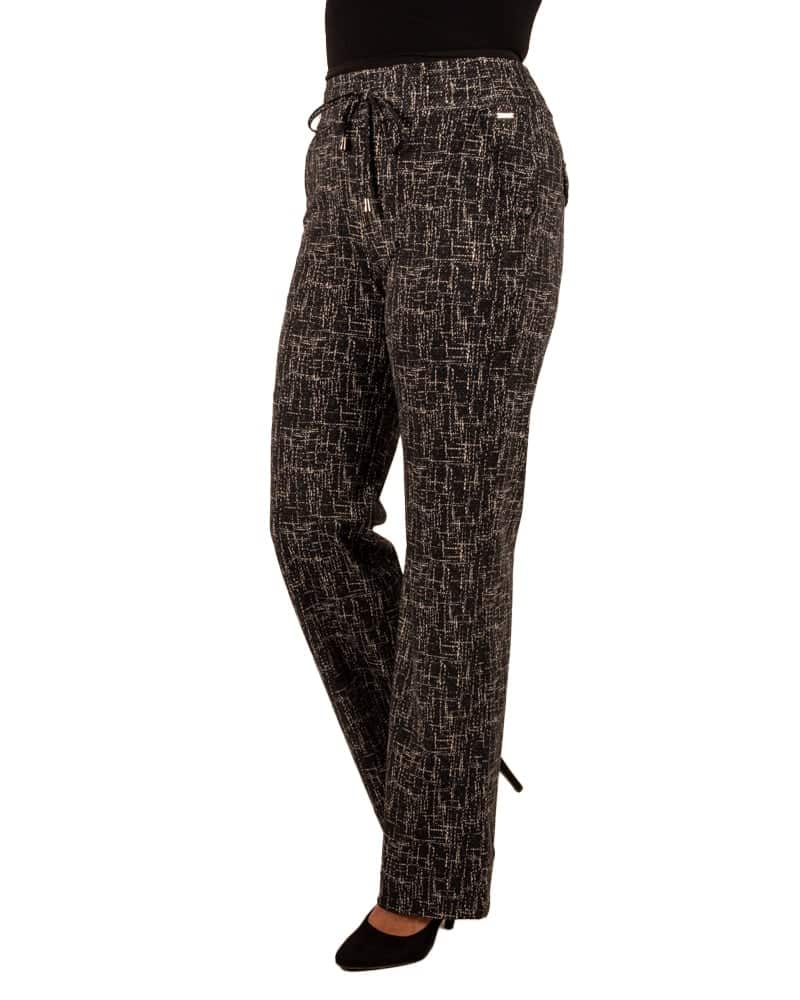 Black/kit linen print travelstof pantalon met rechte pijp van Mi Piace - Afbeelding 2