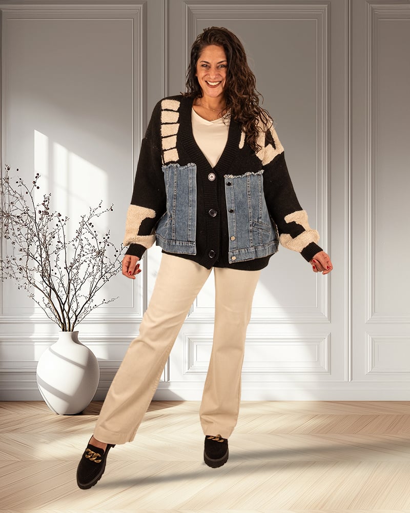 Zwart/beige/jeans vest van Robin - Afbeelding 2