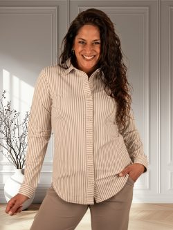 Taupe/kit gestreepte travelstof blouse van Mi Piace