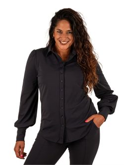 Donker blauwe travelstof blouse met pofmouw van Mi Piace