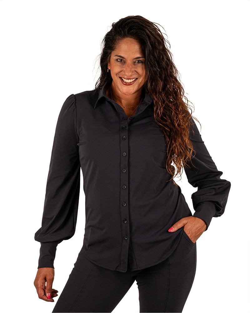 Donker blauwe travelstof blouse met pofmouw van Mi Piace