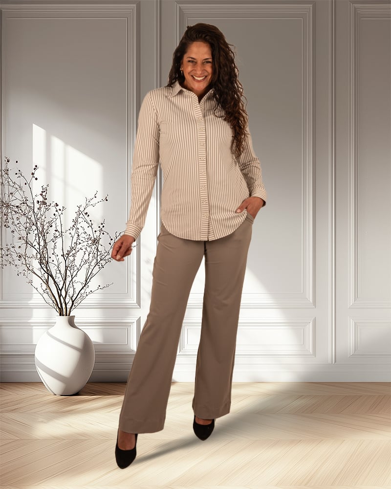 Taupe travelstof pantalon met rechte pijp van Mi Piace - Afbeelding 7