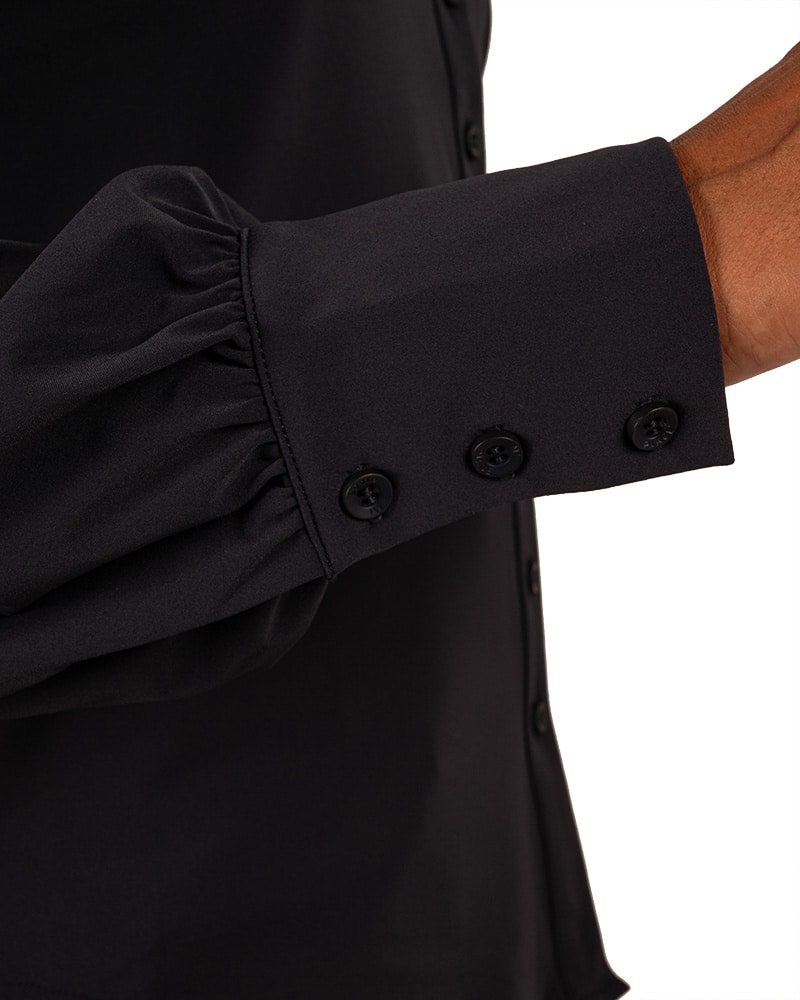 Donker blauwe travelstof blouse met pofmouw van Mi Piace - Afbeelding 5