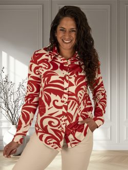 Ecru/rood bladerenprint travelstof blouse van By Swan