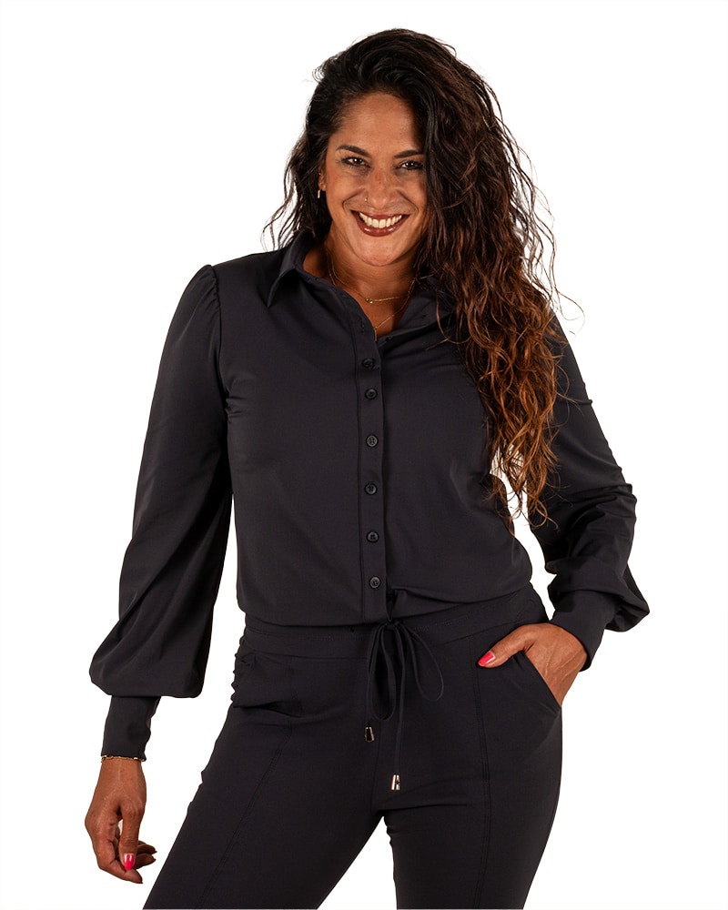 Donker blauwe travelstof blouse met pofmouw van Mi Piace - Afbeelding 4