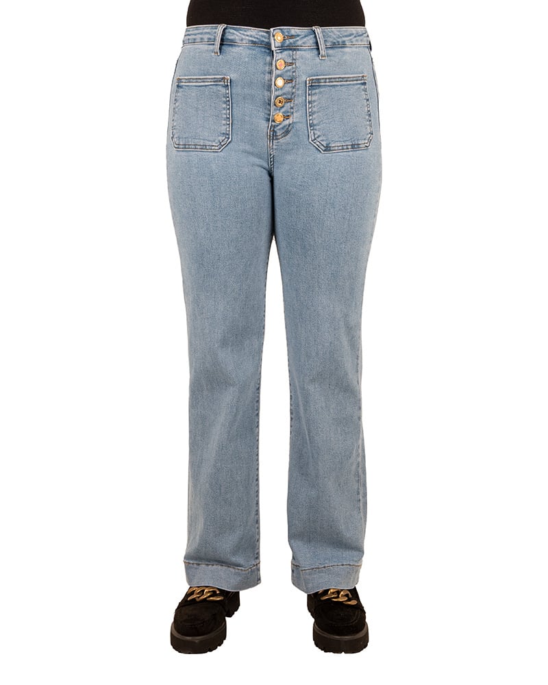 Light blue wide leg jeans met knopen van Miss Bon - Afbeelding 5
