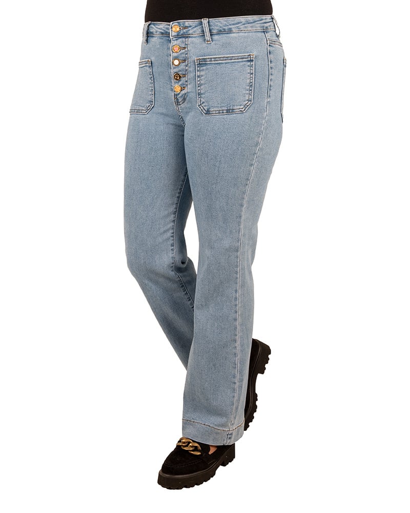 Light blue wide leg jeans met knopen van Miss Bon - Afbeelding 2
