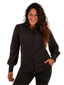 Zwarte travelstof blouse met pofmouw van Mi Piace