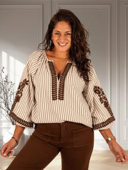 Bruin/ecru gestreepte blouse borduur van Millenium