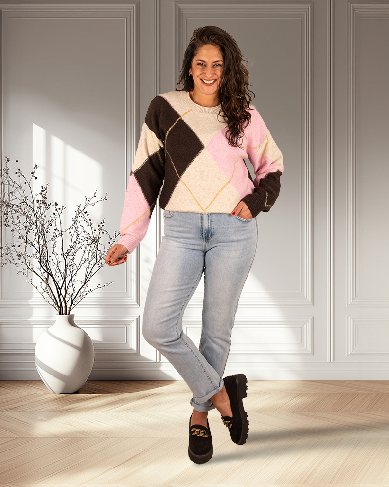 Bruin/roze/beige geruite trui van Kilky - Afbeelding 2