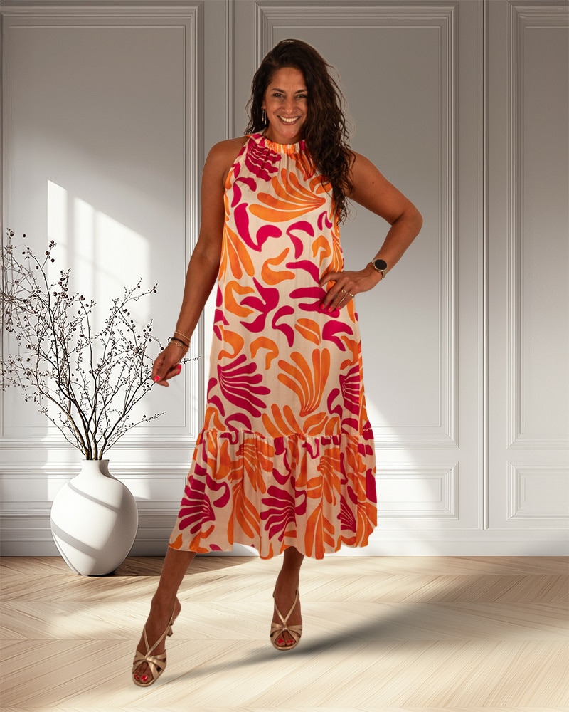 Ecru/oranje/fuchsia print halterjurk van Vera Jo
