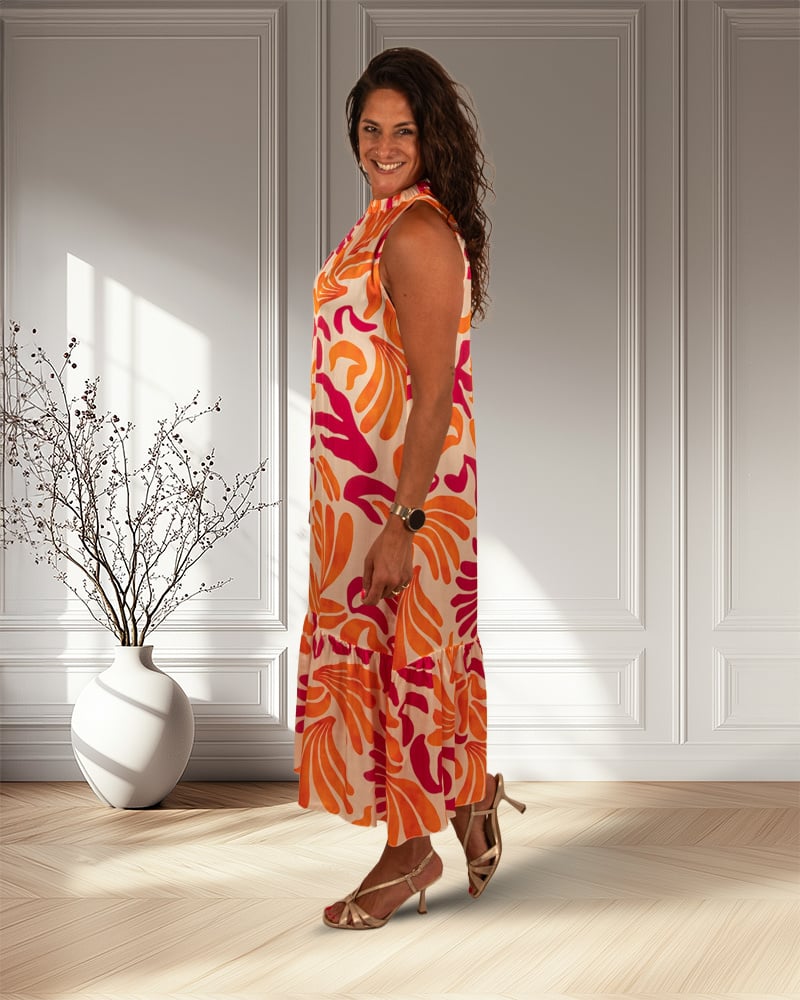 Ecru/oranje/fuchsia print halterjurk van Vera Jo - Afbeelding 2