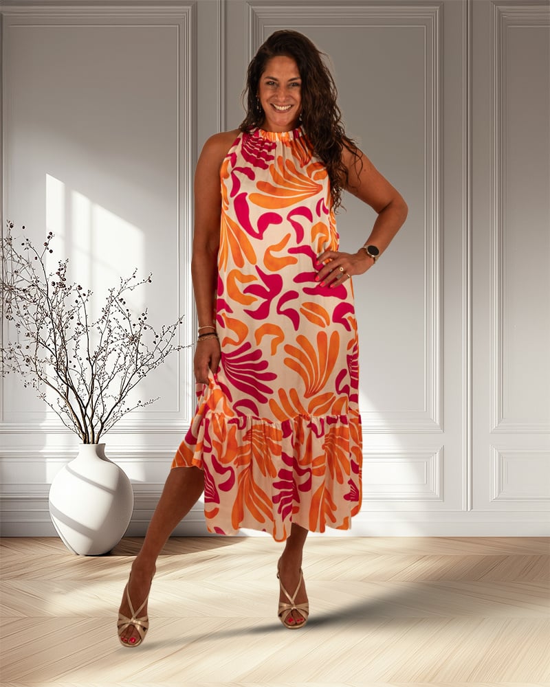 Ecru/oranje/fuchsia print halterjurk van Vera Jo - Afbeelding 3