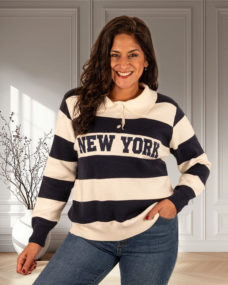 Blauw/ecru polotrui "New York" van Flamant Rose