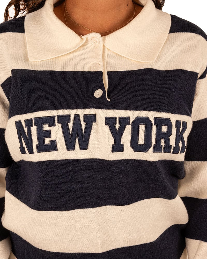 Blauw/ecru polotrui "New York" van Flamant Rose - Afbeelding 4