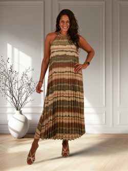 Groen/beige plissé halterjurk van El-Vita