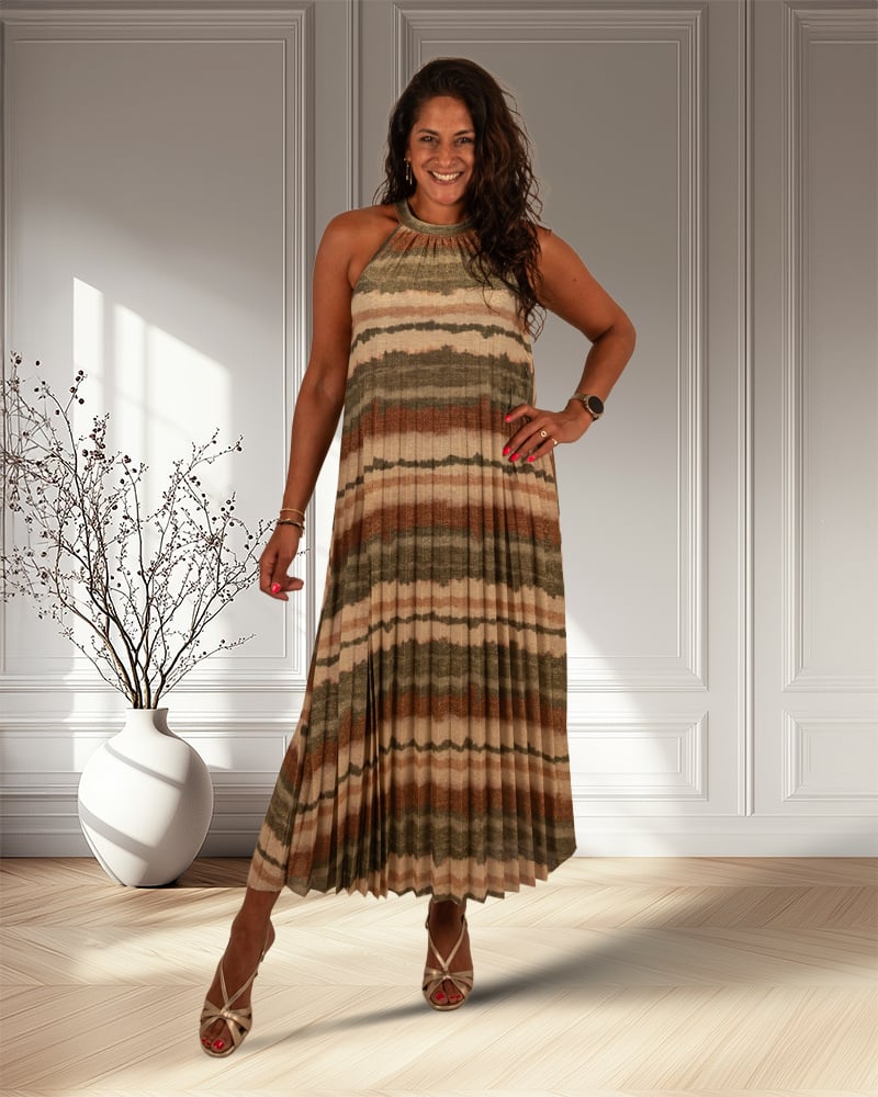 Groen/beige plissé halterjurk van El-Vita