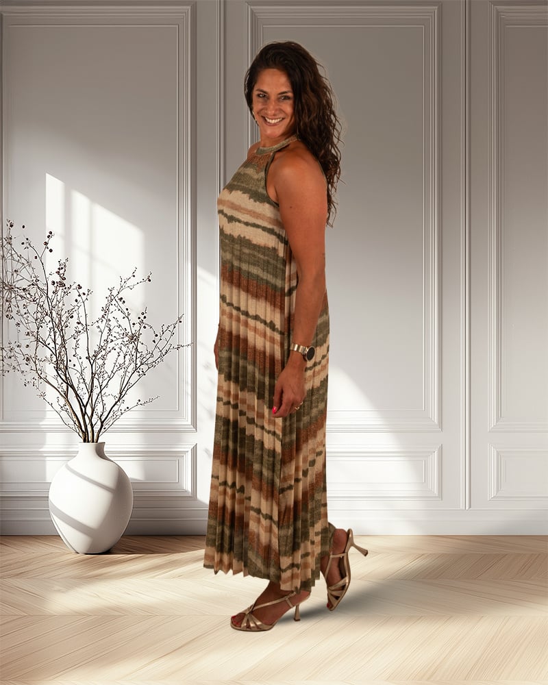 Groen/beige plissé halterjurk van El-Vita - Afbeelding 2