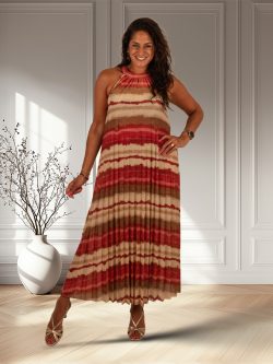 Rood/beige plissé halterjurk van El-Vita