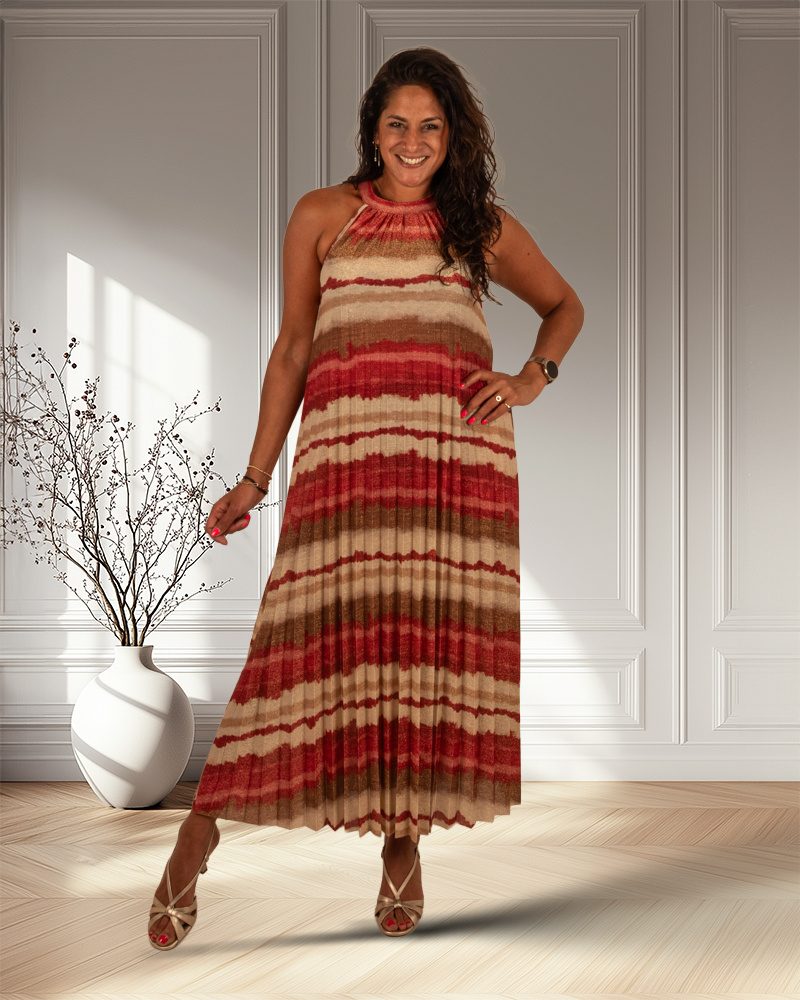 Rood/beige plissé halterjurk van El-Vita