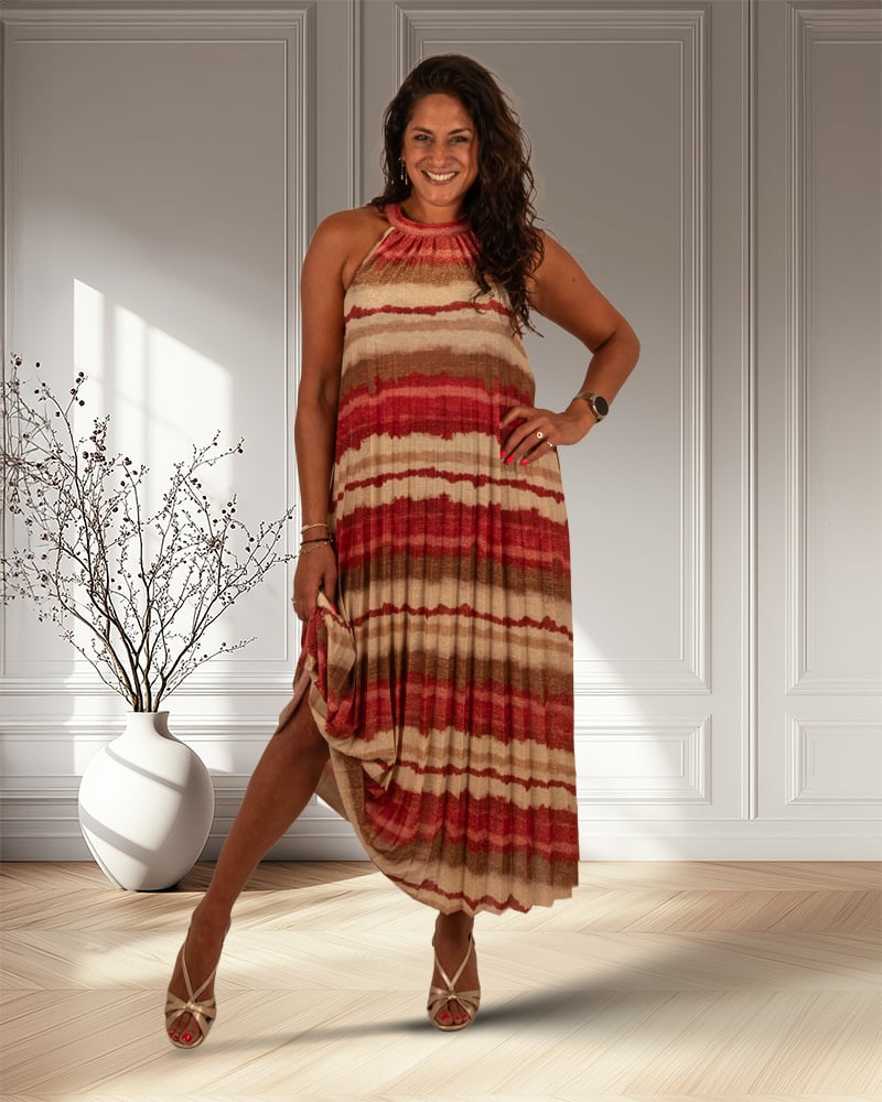 Rood/beige plissé halterjurk van El-Vita - Afbeelding 3