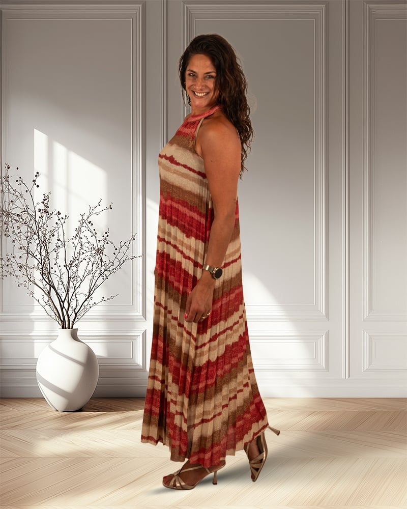 Rood/beige plissé halterjurk van El-Vita - Afbeelding 2