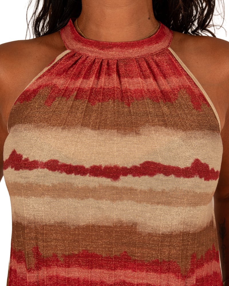 Rood/beige plissé halterjurk van El-Vita - Afbeelding 4