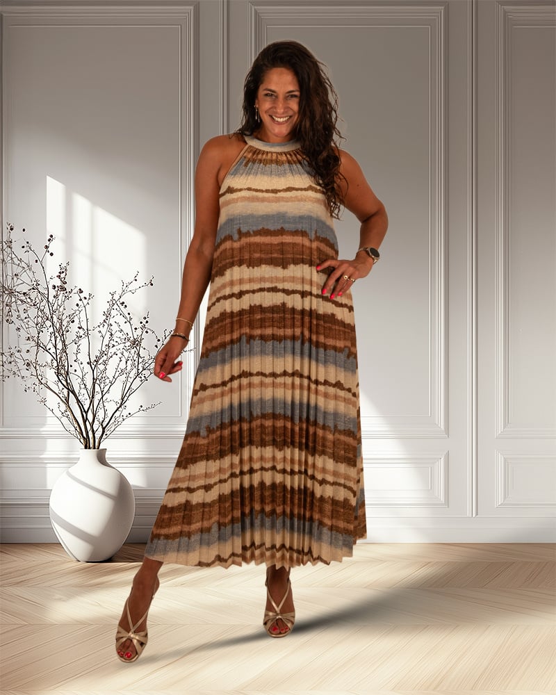 Blauw/beige plissé halterjurk van El-Vita