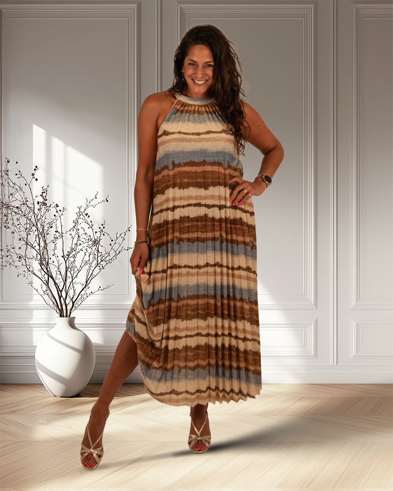 Blauw/beige plissé halterjurk van El-Vita - Afbeelding 3