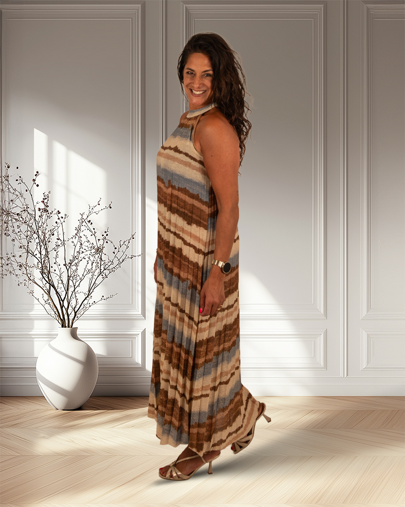 Blauw/beige plissé halterjurk van El-Vita - Afbeelding 2