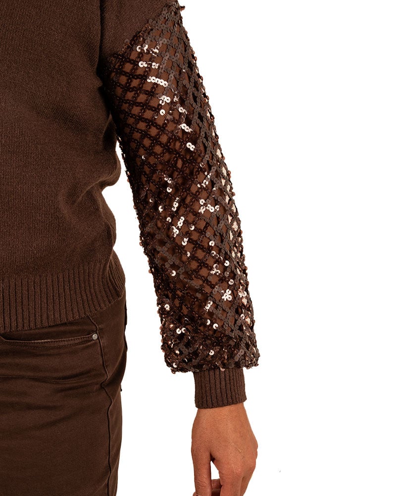 Bruine gebreide trui paillettenmouw van El-Vita - Afbeelding 4
