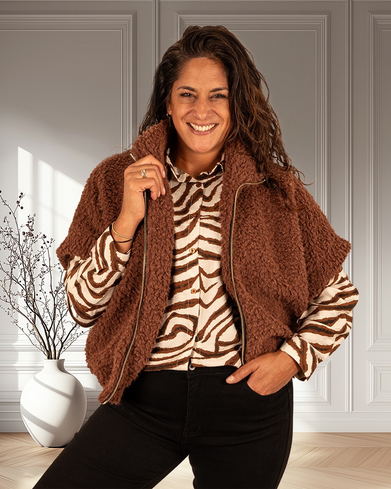 Ecru/bruin zebraprint blouse van Emma Ella - Afbeelding 4