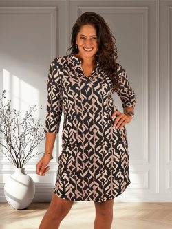 Zwart/beige print travelstof jurk/tuniek van Angelle Milan