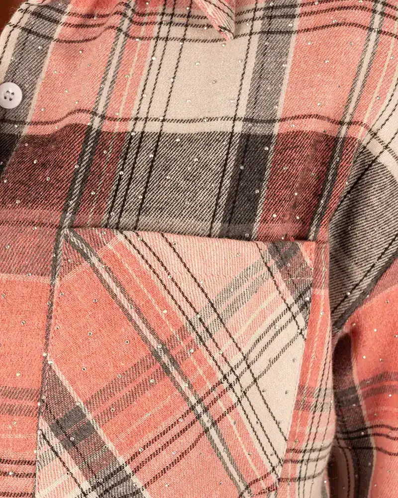 Roze/zwart/ecru geruite blouse strass van Flamant Rose - Afbeelding 5