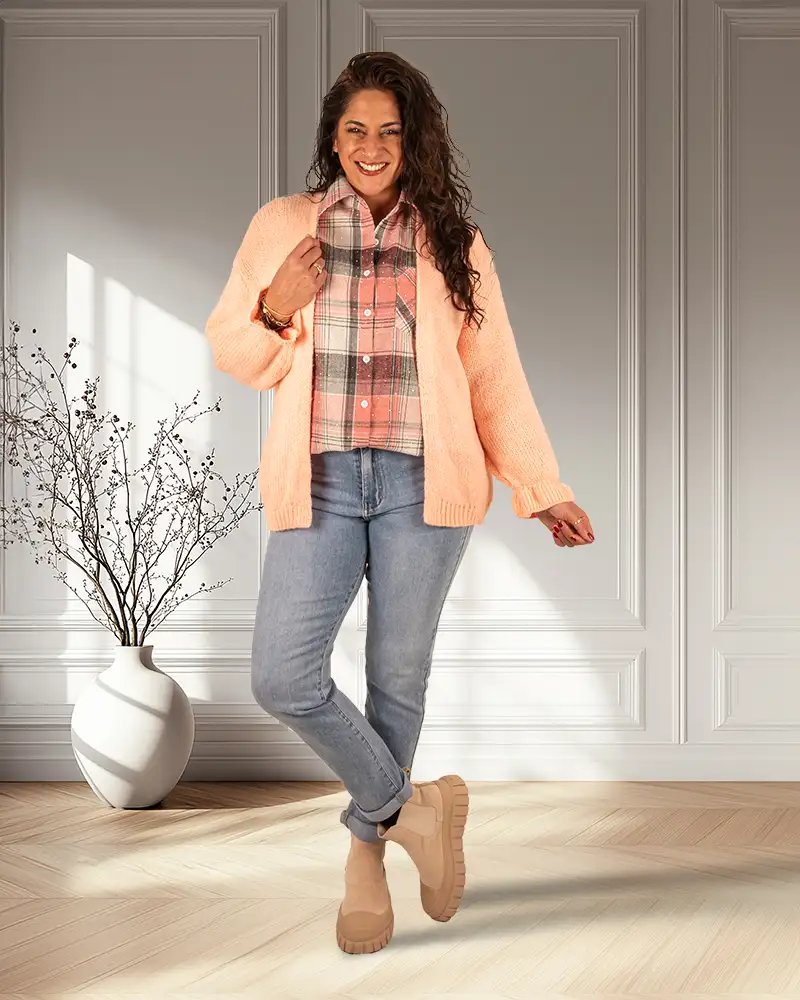 Roze/zwart/ecru geruite blouse strass van Flamant Rose - Afbeelding 2