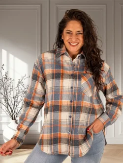 Blauw/oranje/ecru geruite blouse strass van Flamant Rose