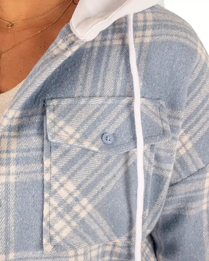 Blauwe geruite flanellen blouse met capuchon van Emma&Ashley - Afbeelding 4